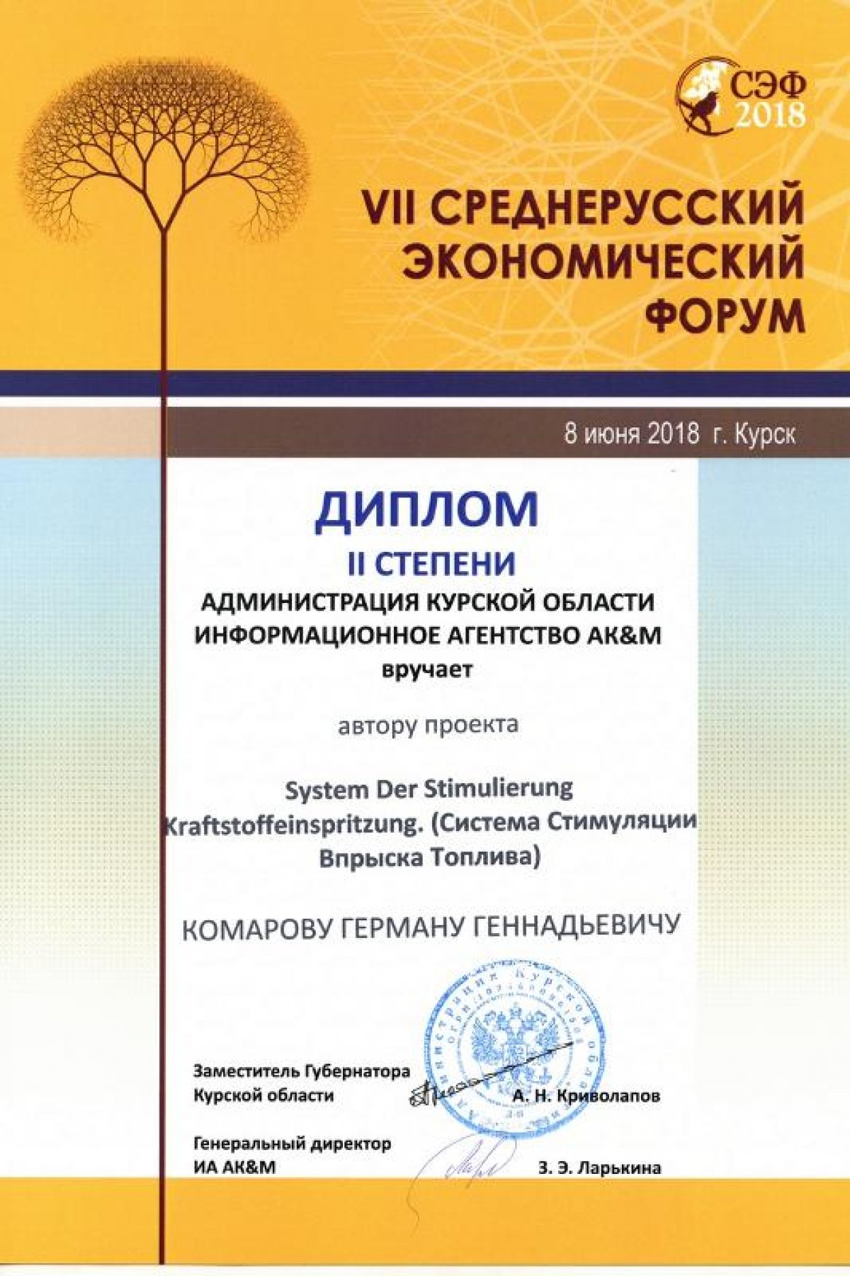 Магистрант кафедры общей геологии и геодинамики геологического факультета Герман Комаров принял участие в VII Среднерусском экономическом форуме «На пути к экономике знаний»