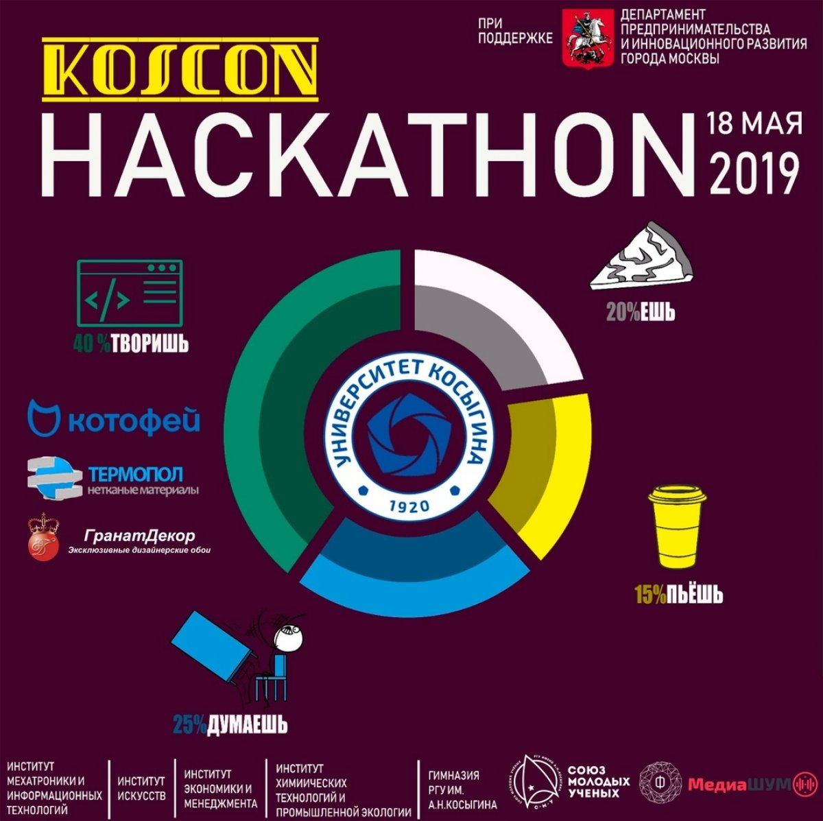 18 мая 2019 года в Инновационном центре РГУ им. А.Н. Косыгина пройдет I ОТКРЫТЫЙ ТЕХНОЛОГИЧЕСКИЙ ХАКАТОН ДЛЯ ШКОЛЬНИКОВ «KOSCON» – проектно-ориентированные соревнования среди учащихся московских школ