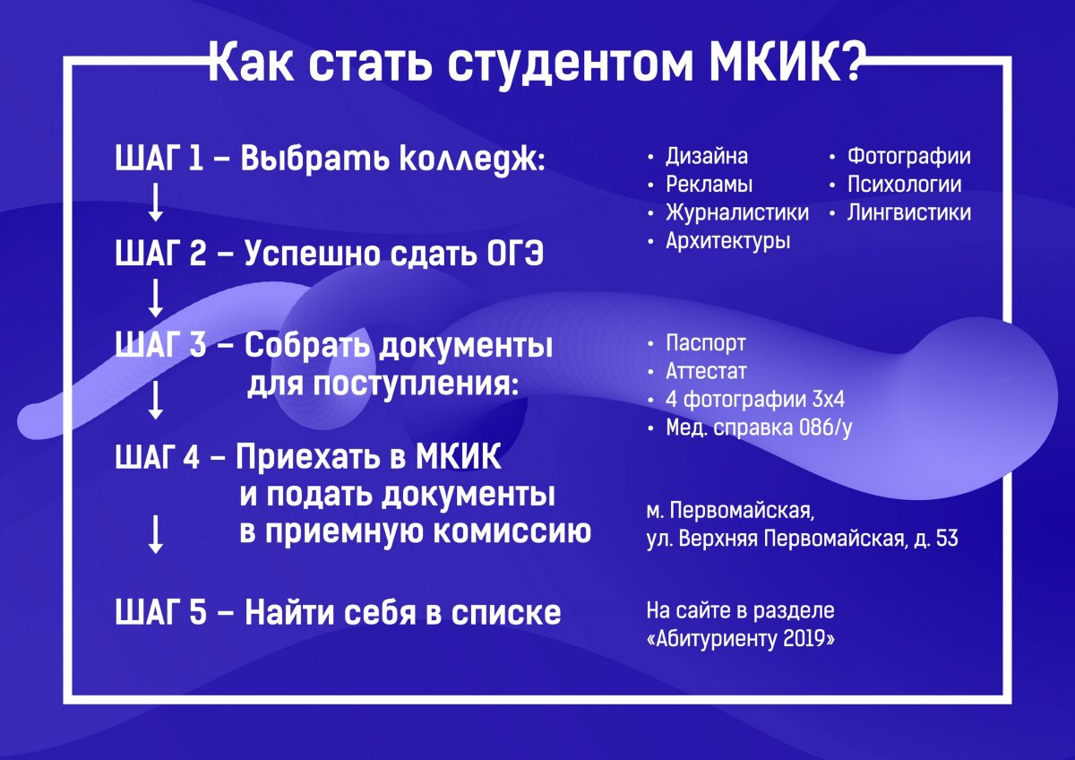 Специально для абитуриентов мы разработали инфографику, которая облегчит процесс поступления в наш колледж. Всего 5 шагов отделяют тебя от обучения в МКИК!