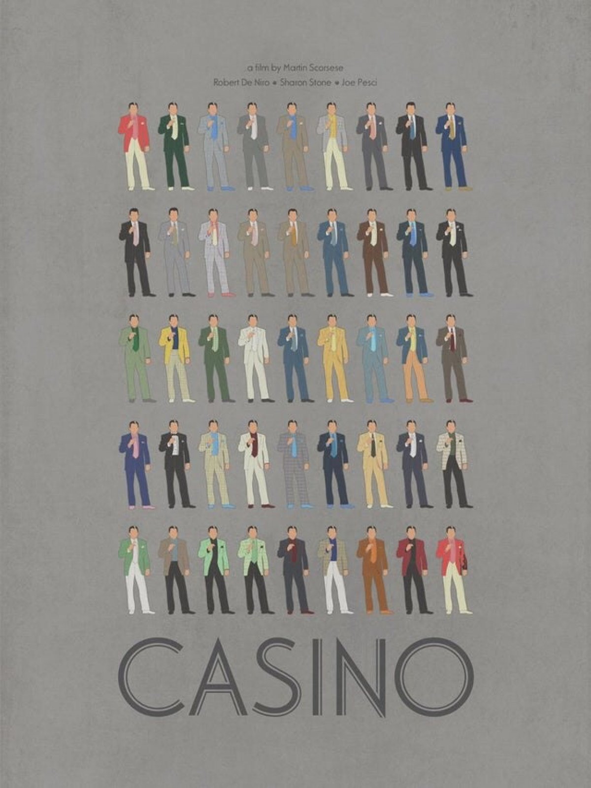 В «Казино» (1995) Роберт Де Ниро в каждой из своих сцен носил разные костюмы, за исключением первой и последней. Плакат показывает все разные костюмы, которые он носил на протяжении всего фильма