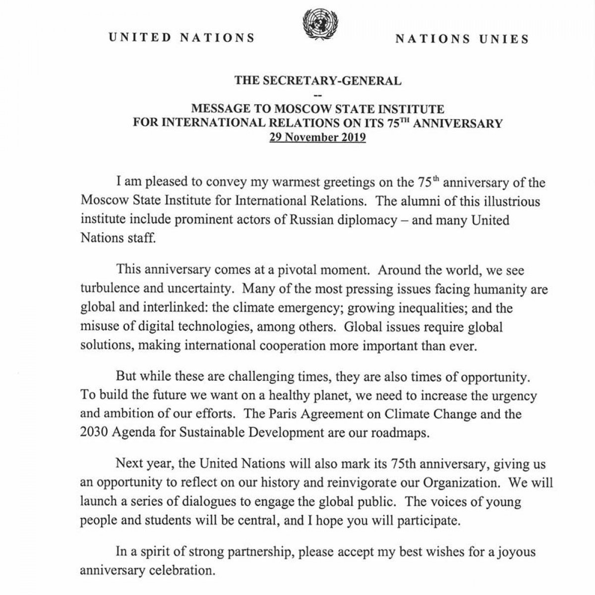 В адрес МГИМО поступило поздравление Генерального секретаря ООН А.Гутерреша по случаю 75-летия Университета