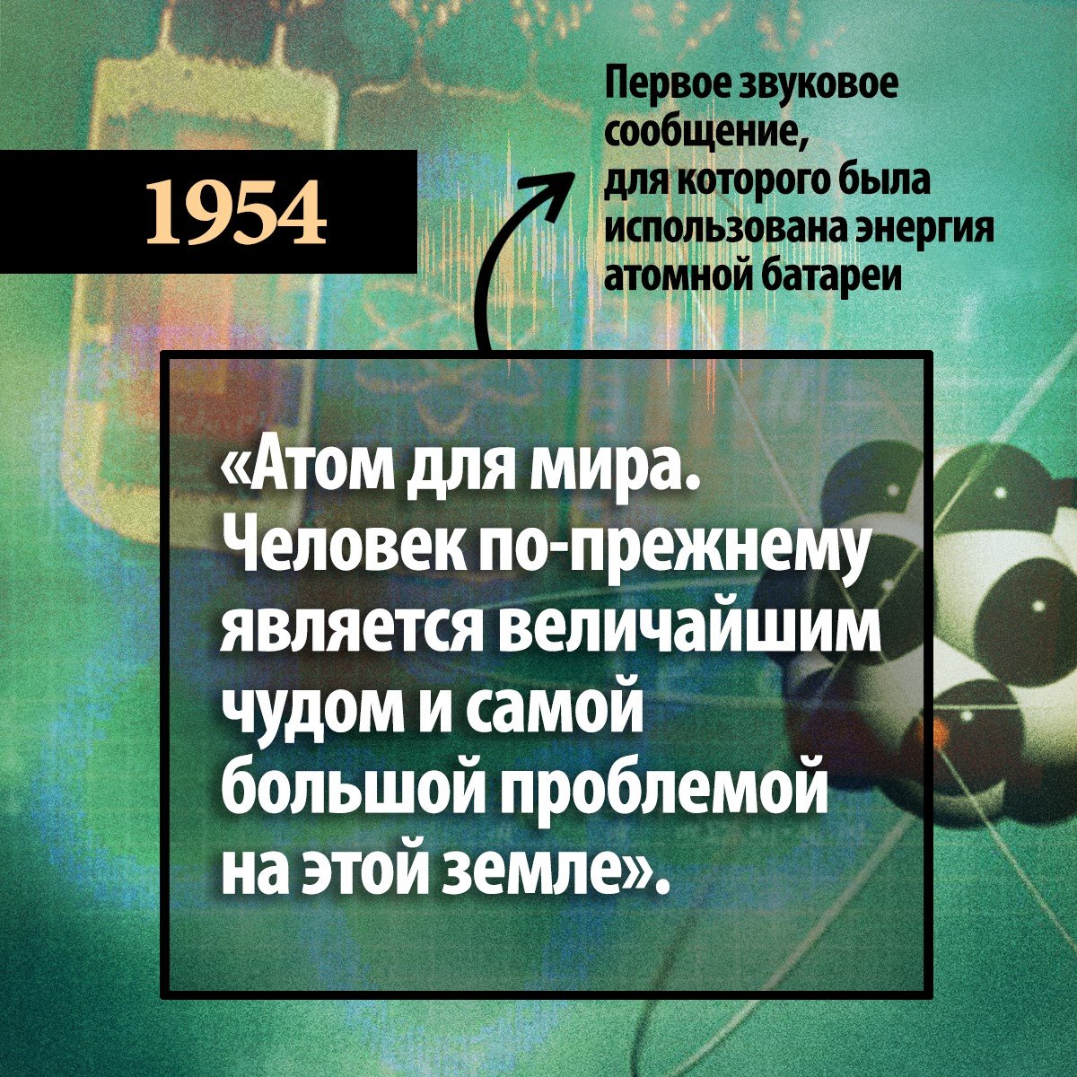 «Атом для мира. Человек по-прежнему является величайшим чудом и самой большой проблемой на этой земле». Таким было первое звуковое сообщение, воспроизведенное с помощью энергии ядерной батарейки в 1954 году.