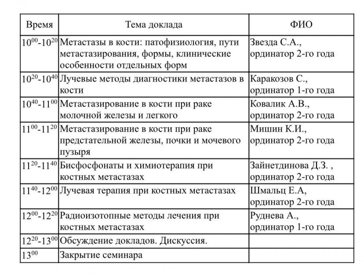 📌Семинар «Метастатическое поражение костей скелета при злокачественных новообразованиях» для ординаторов и студентов