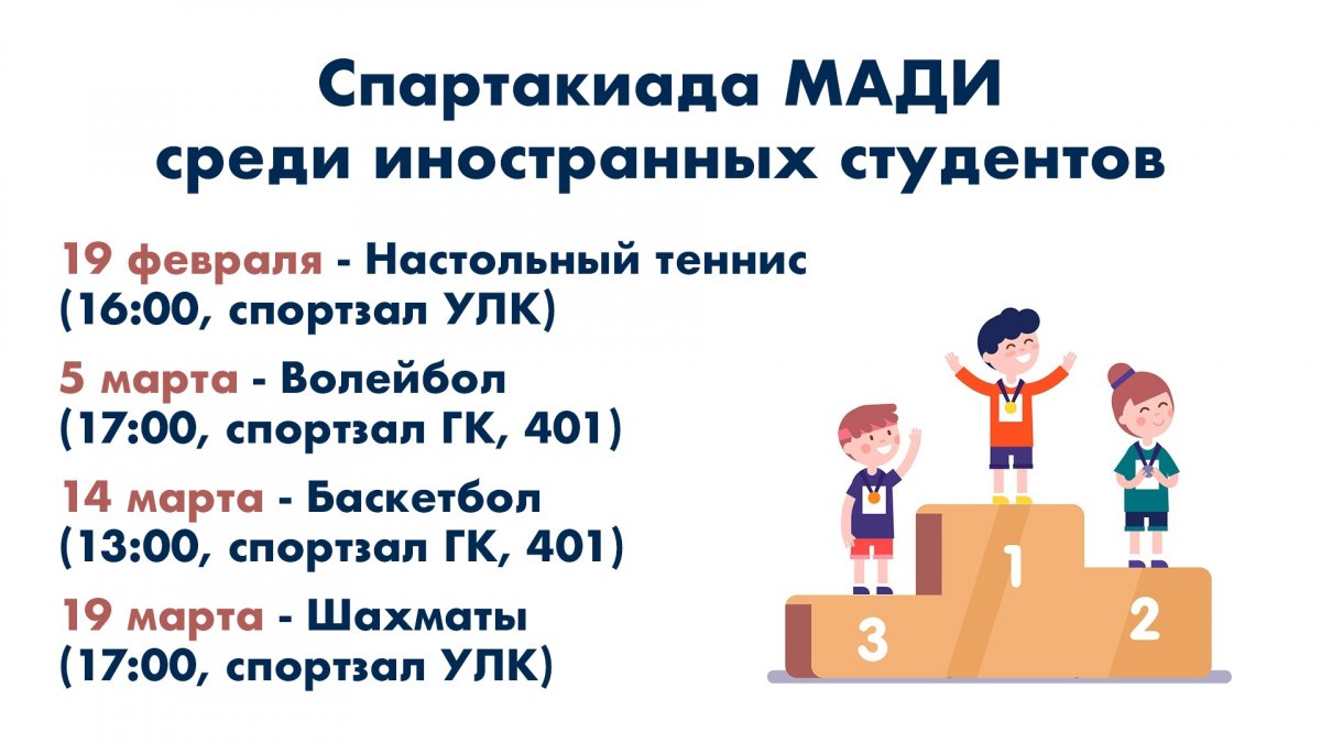 19 февраля в стартовала Спартакиада иностранных студентов! 🏆 По вопросам участия в соревнованиях обращайтесь в кабинет №401 (кафедра "Физическое воспитание") или просто приходите поддержать своих друзей!