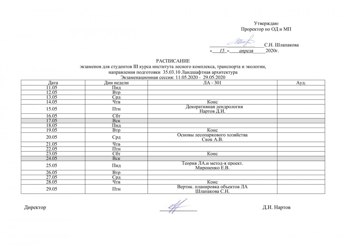 Расписание экзаменов для студентов III курса института лесного комплекса, транспорта и экологии.