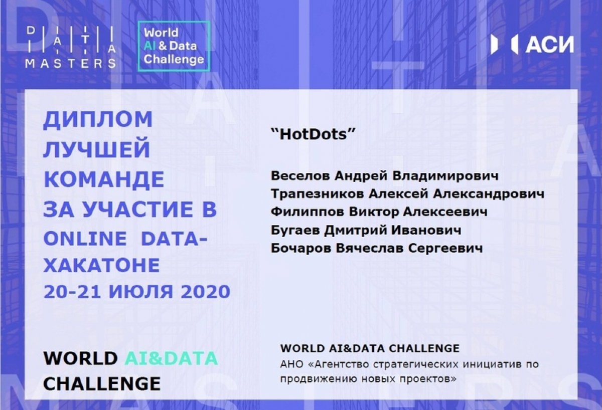 Завершился онлайн-хакатон по решению задач международного конкурса World AI&Data Challenge под эгидой Агентства стратегических инициатив и при поддержке и участии ВСГУТУ