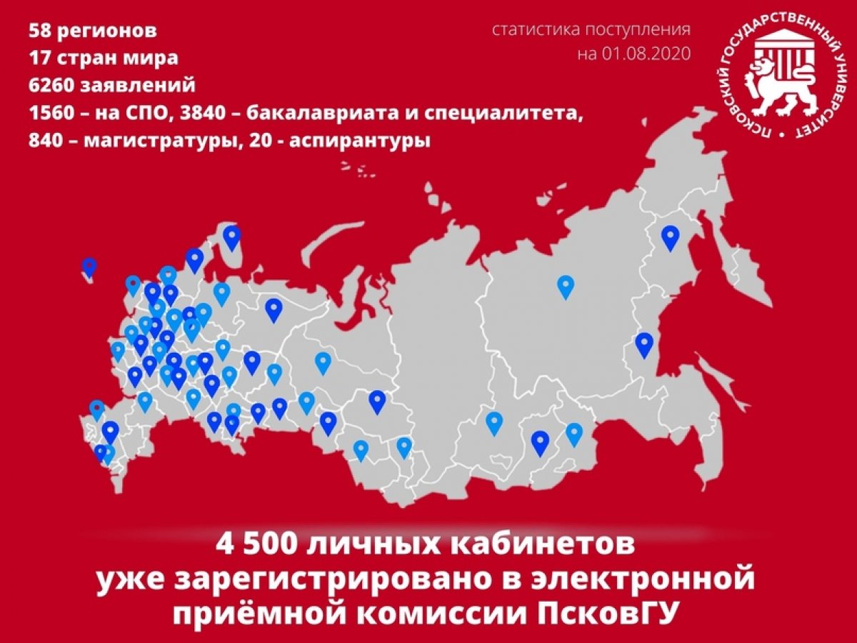 В ПсковГУ подали документы поступающие из 58 регионов России