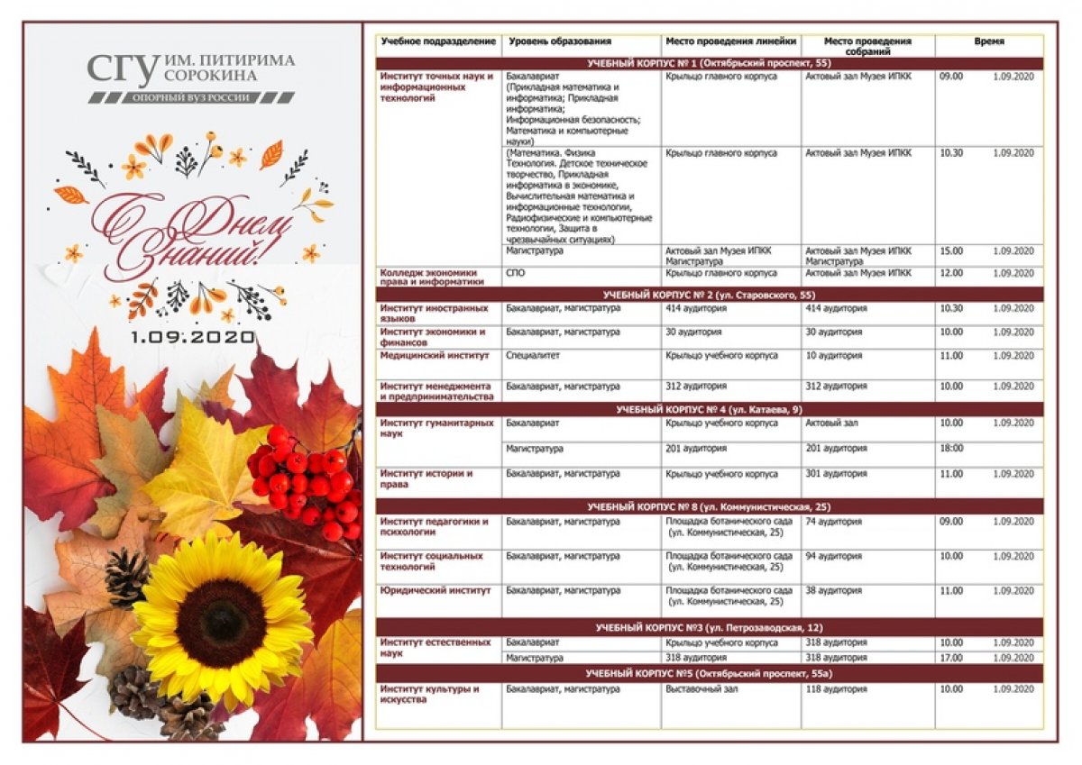 День знаний в СГУ им. Питирима Сорокина пройдет в офлайн-режиме